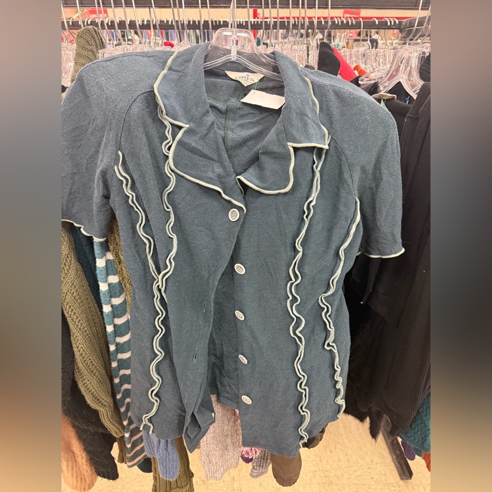 Oris Dark Blue Button Down Shirt with Ruffle Trim